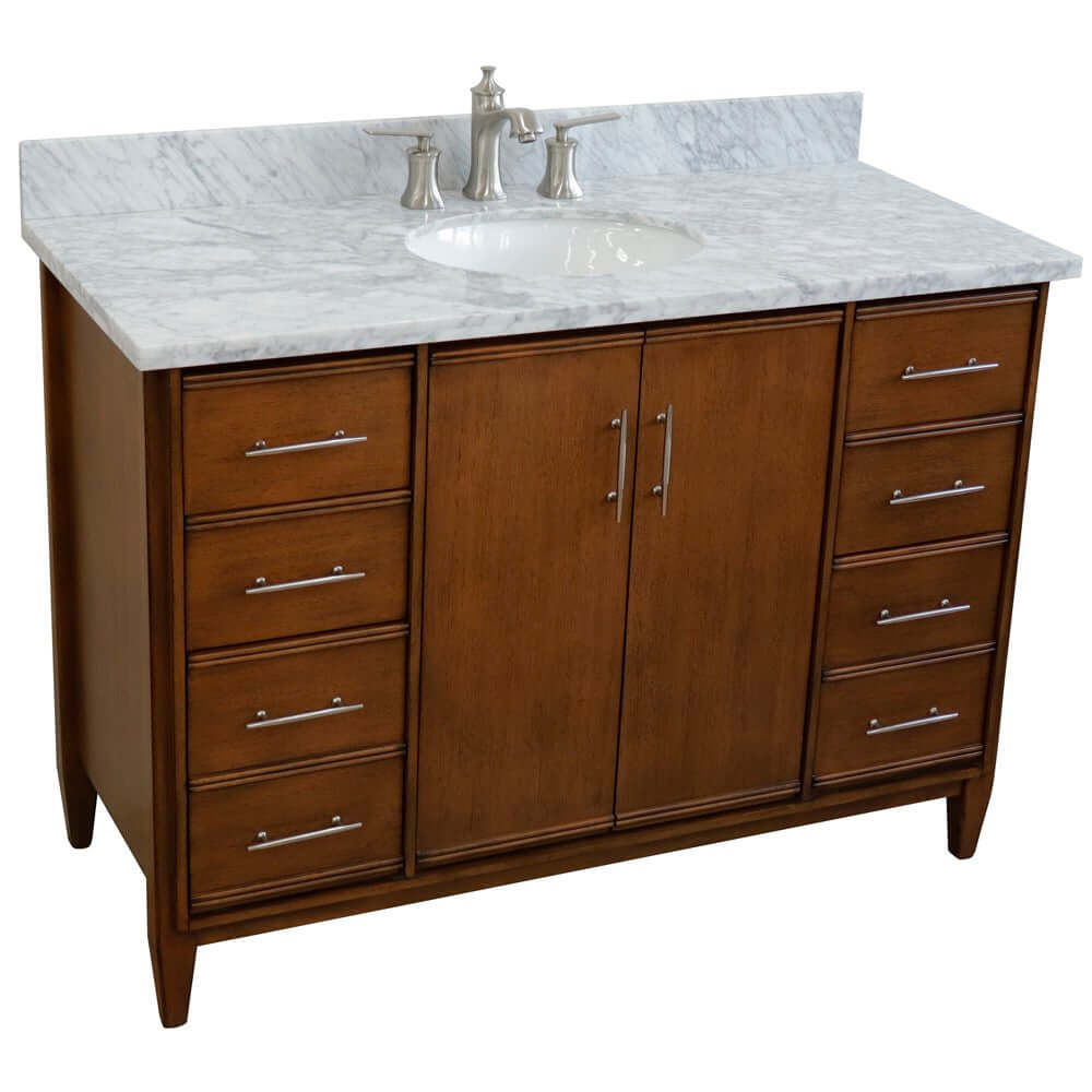 49" Single sink vanity in Walnut finish with White Carrara marble and oval sink - 400901-49S-WA-WMO