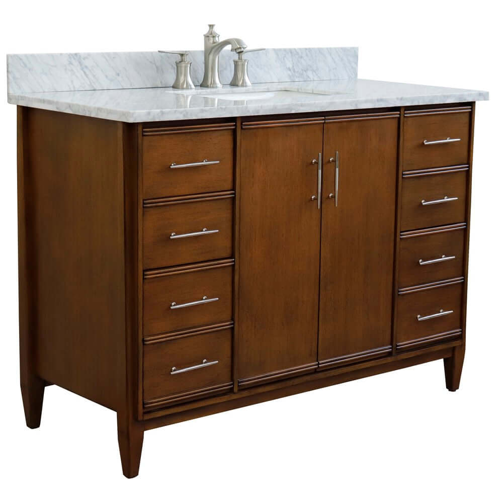 49" Single sink vanity in Walnut finish with White Carrara marble and rectangle sink - 400901-49S-WA-WMR