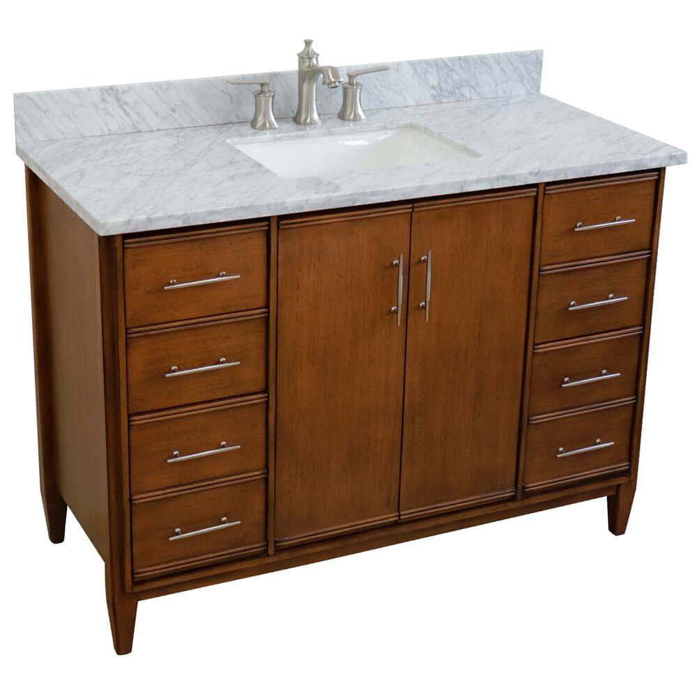 49" Single sink vanity in Walnut finish with White Carrara marble and rectangle sink - 400901-49S-WA-WMR