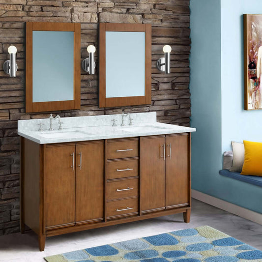 55" Double vanity in Walnut finish with white Carrara marble and rectangle sink - 400901-55D-WMR