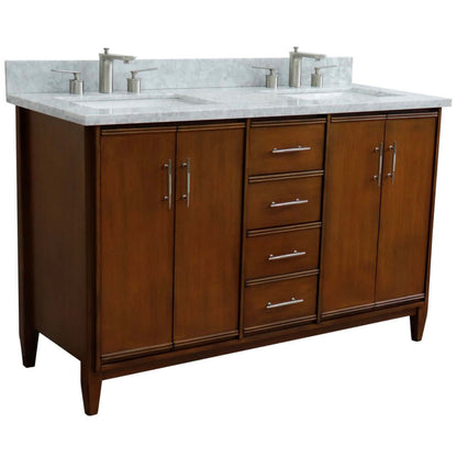 55" Double vanity in Walnut finish with white Carrara marble and rectangle sink - 400901-55D-WMR