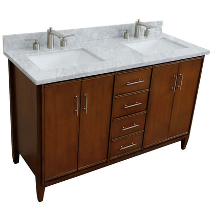 55" Double vanity in Walnut finish with white Carrara marble and rectangle sink - 400901-55D-WMR