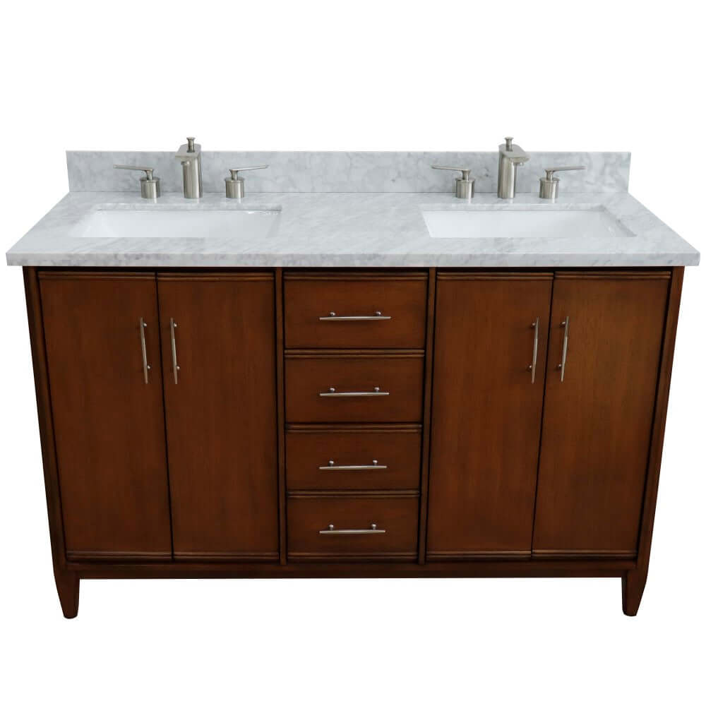 55" Double vanity in Walnut finish with white Carrara marble and rectangle sink - 400901-55D-WMR