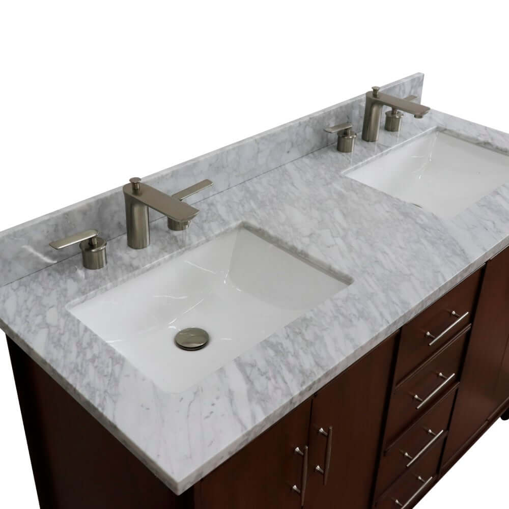 55" Double vanity in Walnut finish with white Carrara marble and rectangle sink - 400901-55D-WMR