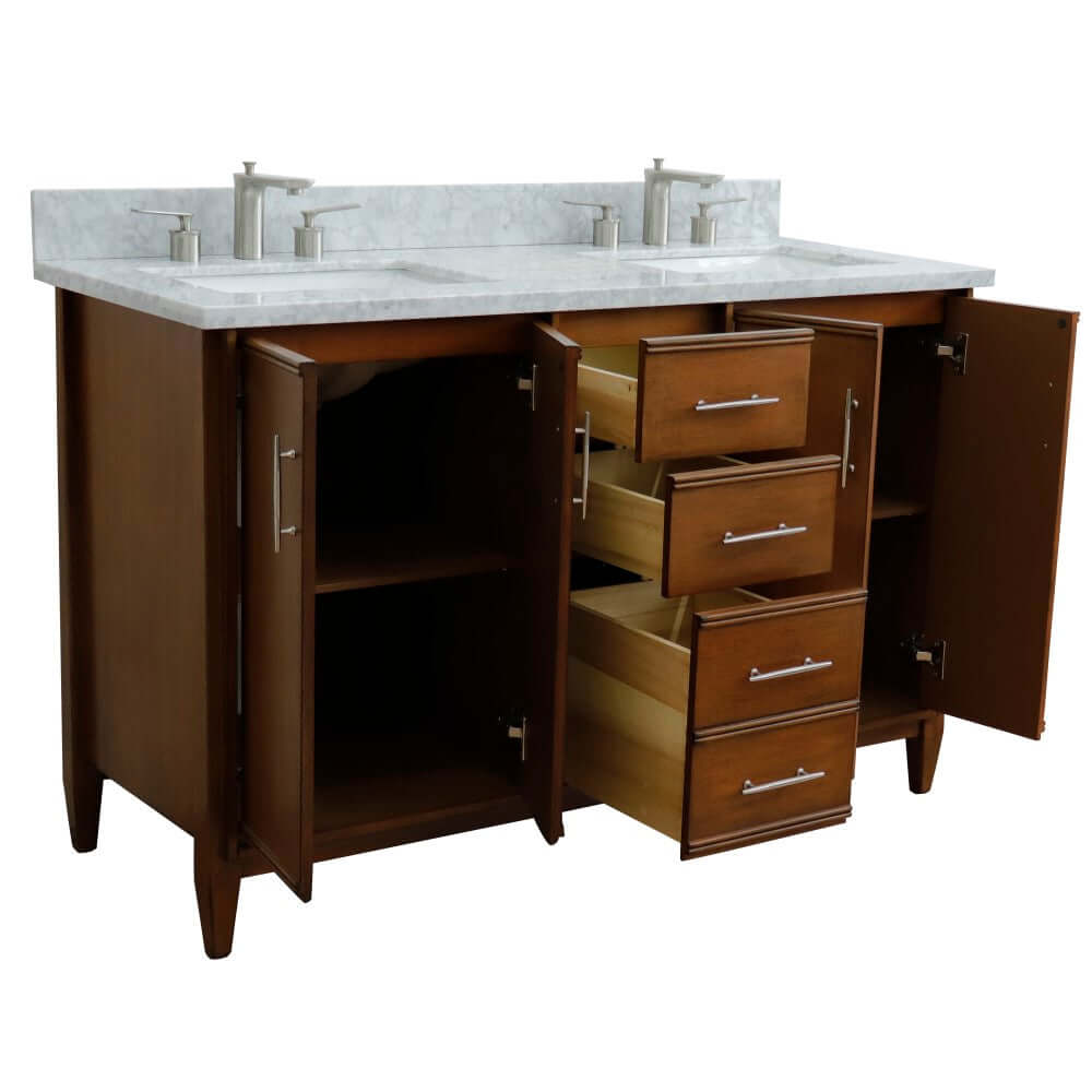 55" Double vanity in Walnut finish with white Carrara marble and rectangle sink - 400901-55D-WMR