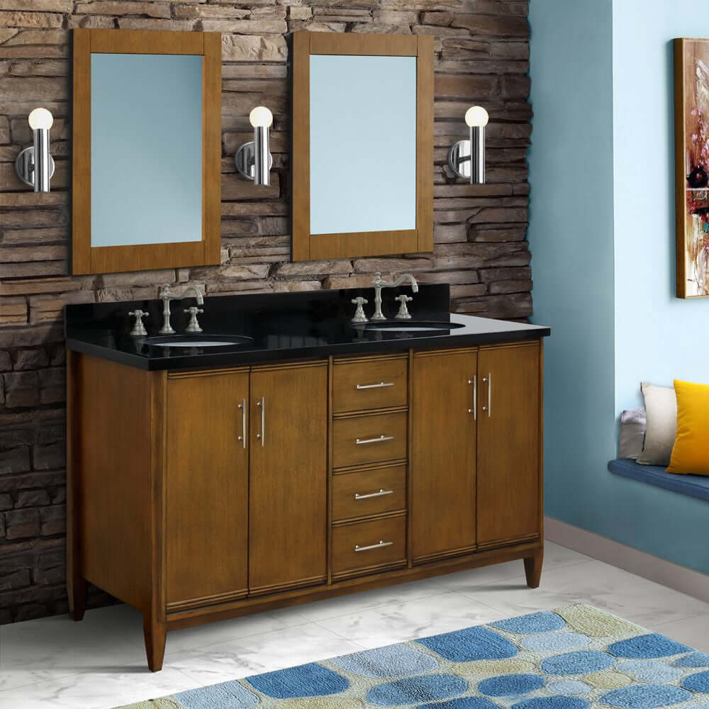 61" Double sink vanity in Walnut finish with Black galaxy granite and oval sink - 400901-61D-WA-BGO