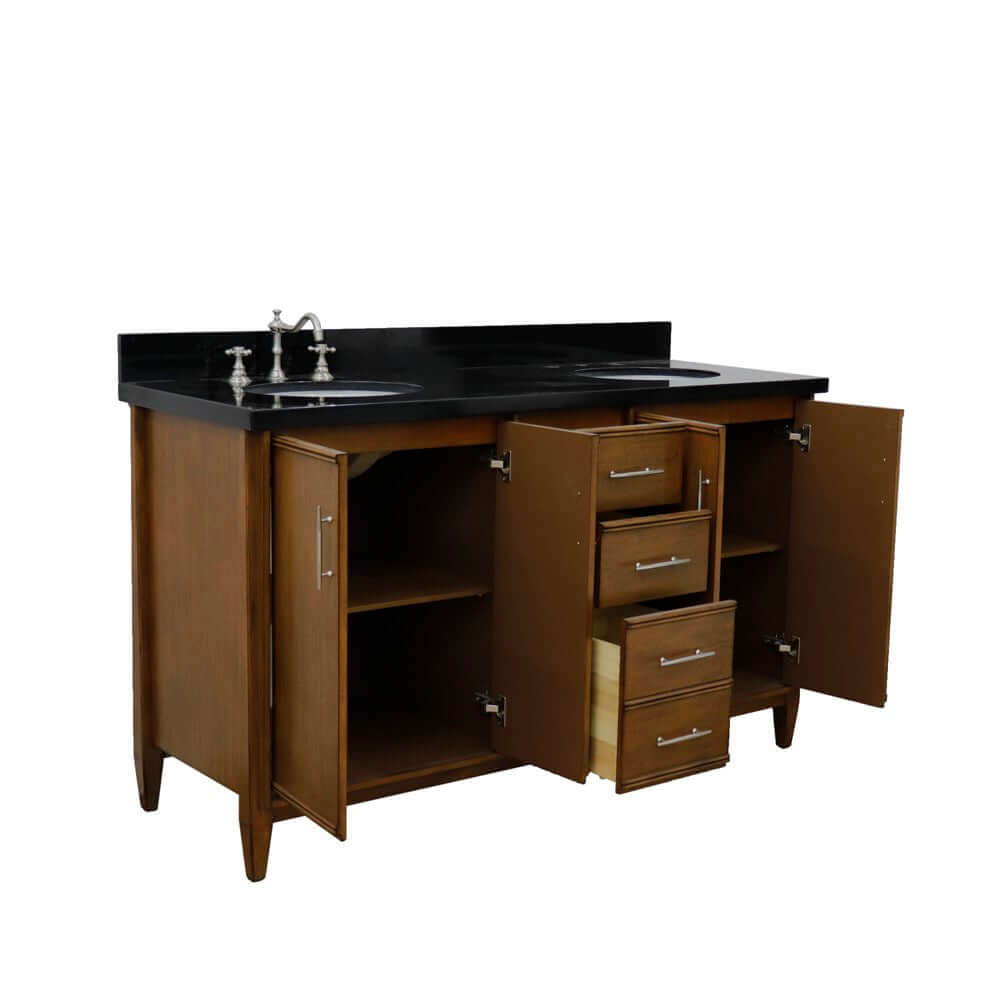 61" Double sink vanity in Walnut finish with Black galaxy granite and oval sink - 400901-61D-WA-BGO