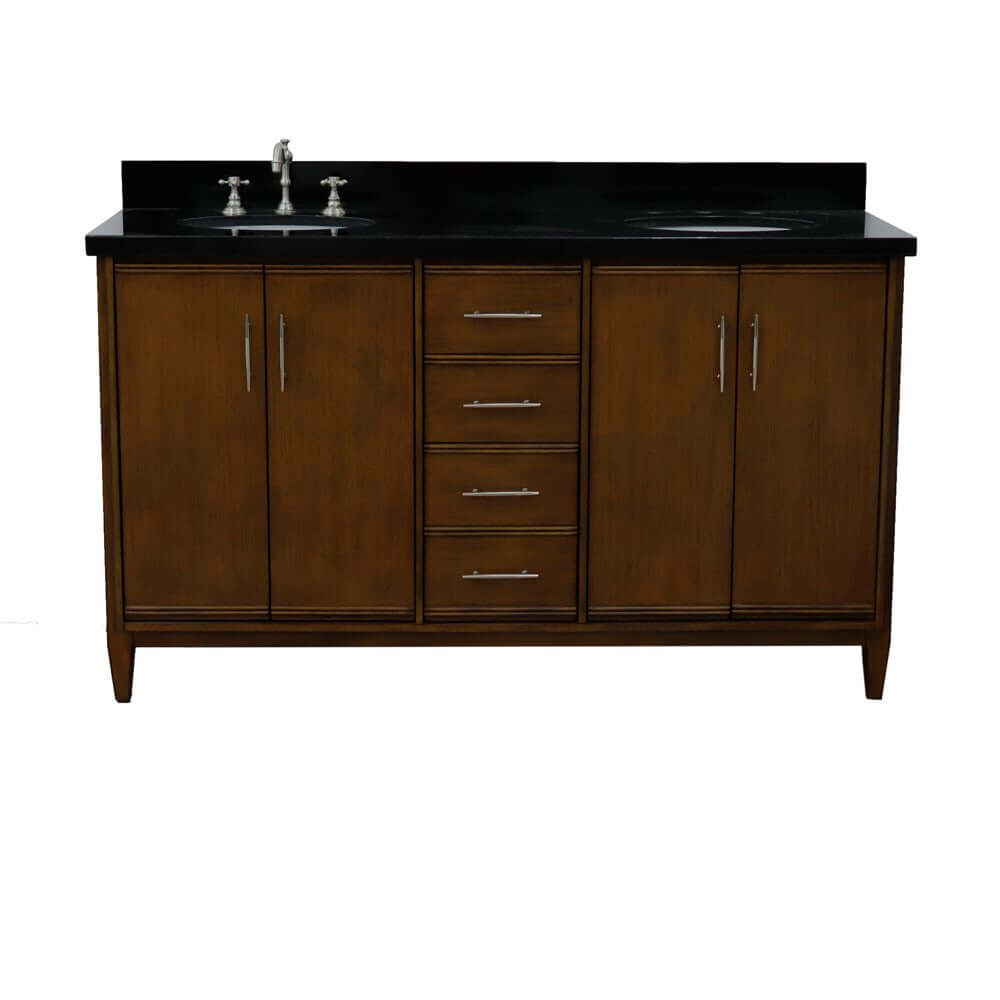 61" Double sink vanity in Walnut finish with Black galaxy granite and oval sink - 400901-61D-WA-BGO