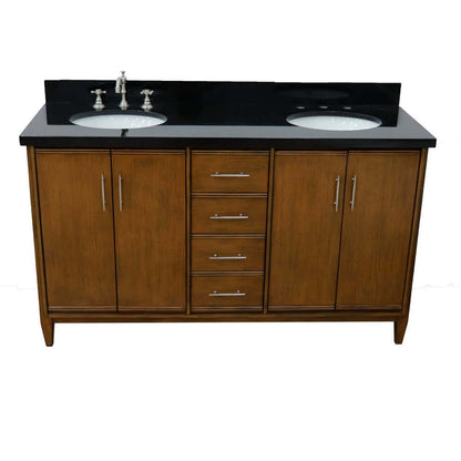 61" Double sink vanity in Walnut finish with Black galaxy granite and oval sink - 400901-61D-WA-BGO