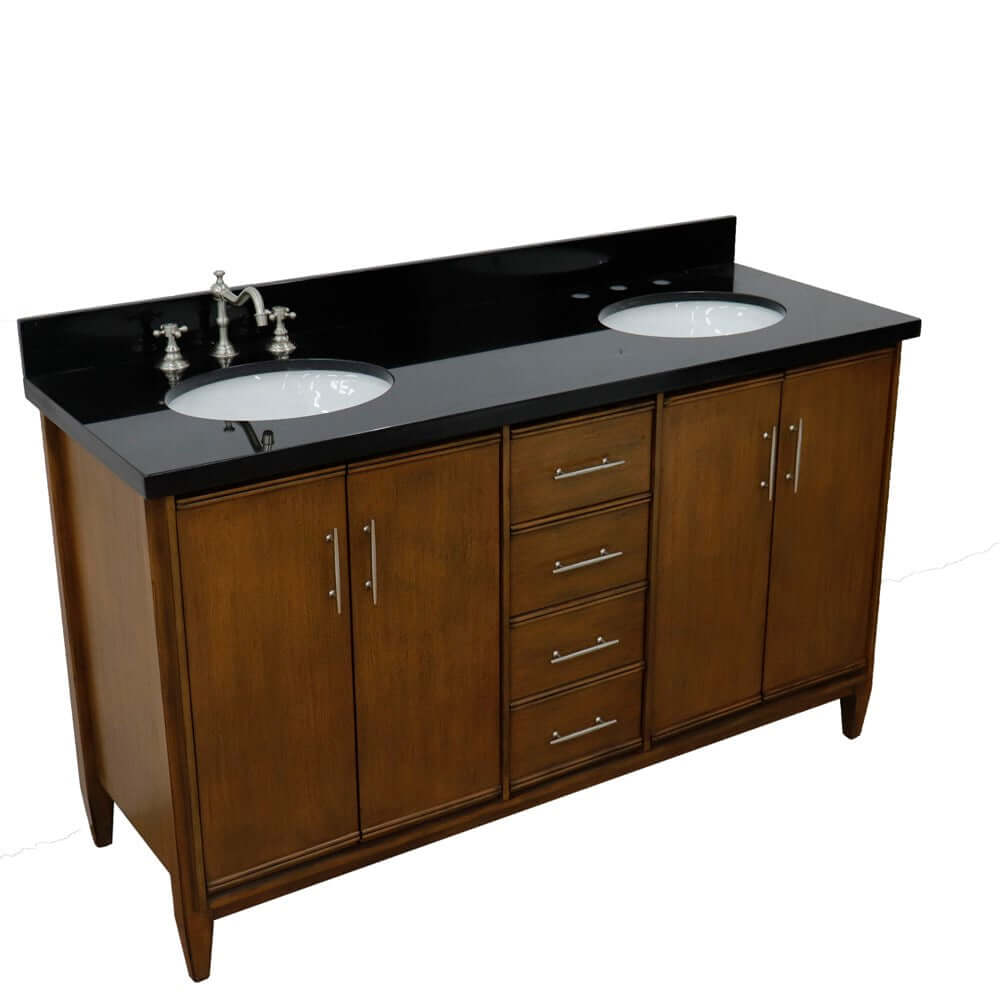 61" Double sink vanity in Walnut finish with Black galaxy granite and oval sink - 400901-61D-WA-BGO