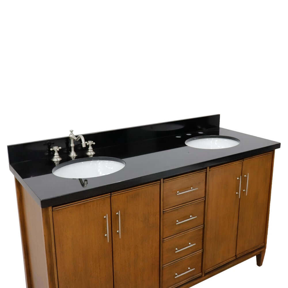 61" Double sink vanity in Walnut finish with Black galaxy granite and oval sink - 400901-61D-WA-BGO