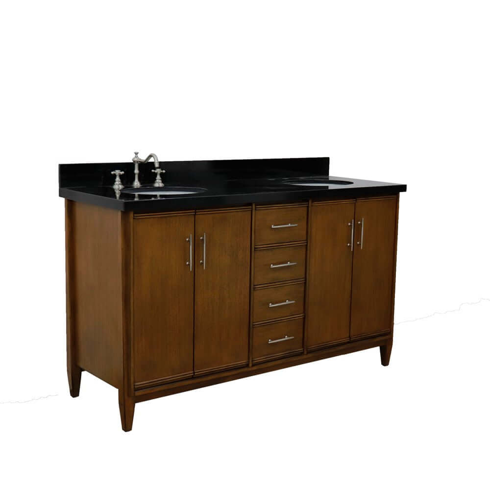 61" Double sink vanity in Walnut finish with Black galaxy granite and oval sink - 400901-61D-WA-BGO