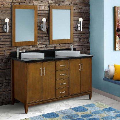 61" Double sink vanity in Walnut finish with Black galaxy granite and round sink - 400901-61D-WA-BGRD