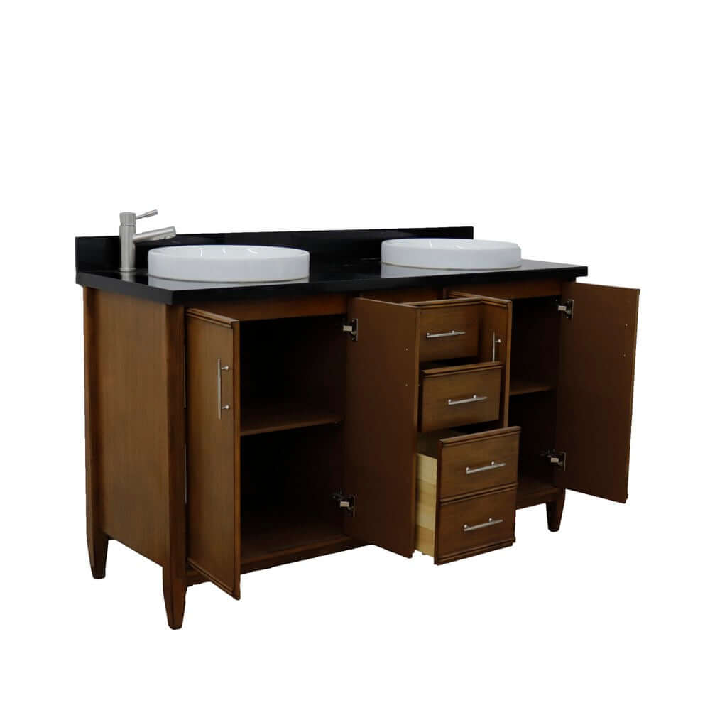 61" Double sink vanity in Walnut finish with Black galaxy granite and round sink - 400901-61D-WA-BGRD