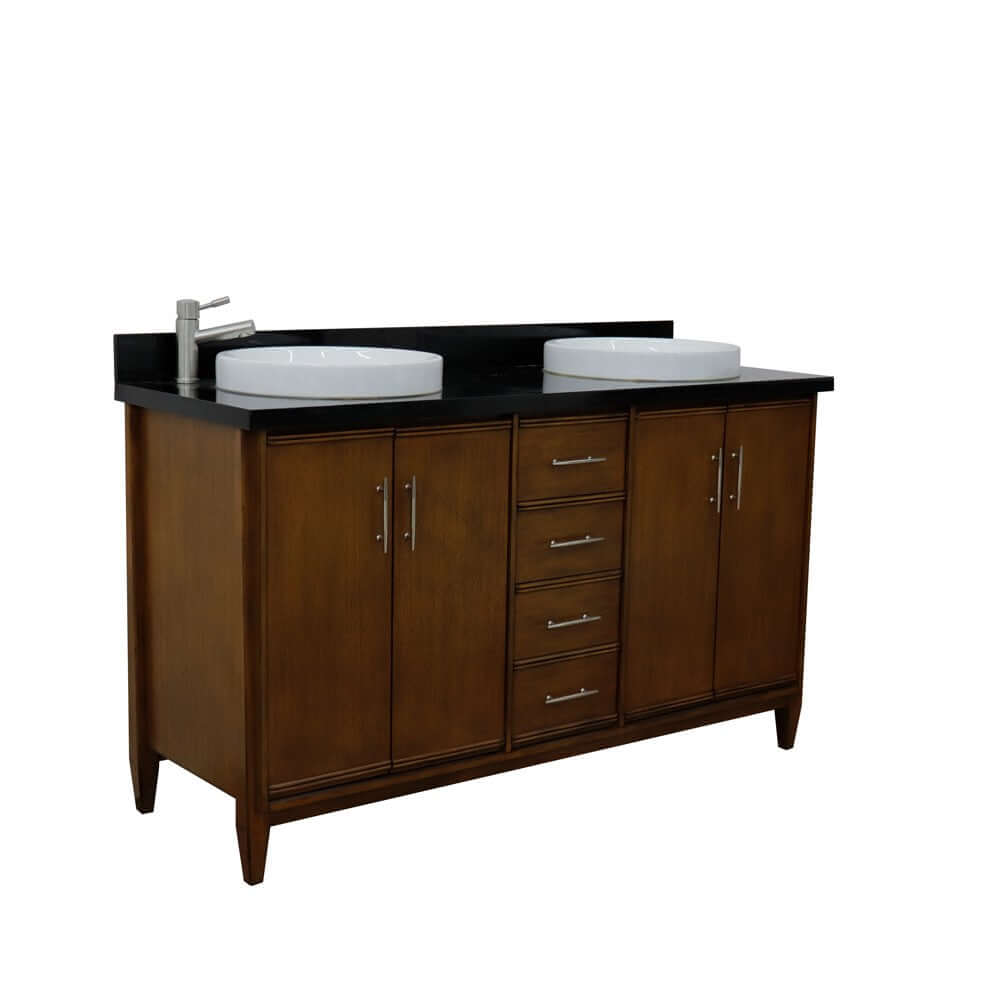 61" Double sink vanity in Walnut finish with Black galaxy granite and round sink - 400901-61D-WA-BGRD