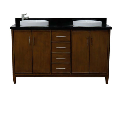 61" Double sink vanity in Walnut finish with Black galaxy granite and round sink - 400901-61D-WA-BGRD