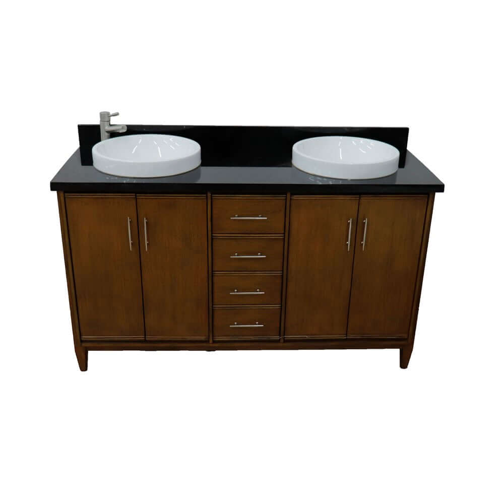 61" Double sink vanity in Walnut finish with Black galaxy granite and round sink - 400901-61D-WA-BGRD