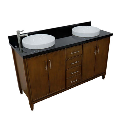 61" Double sink vanity in Walnut finish with Black galaxy granite and round sink - 400901-61D-WA-BGRD