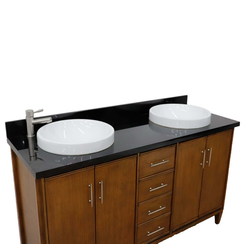 61" Double sink vanity in Walnut finish with Black galaxy granite and round sink - 400901-61D-WA-BGRD