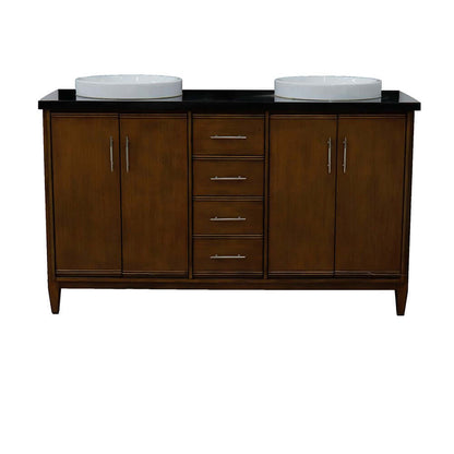 61" Double sink vanity in Walnut finish with Black galaxy granite and round sink - 400901-61D-WA-BGRD