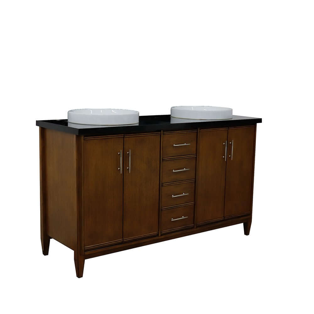 61" Double sink vanity in Walnut finish with Black galaxy granite and round sink - 400901-61D-WA-BGRD