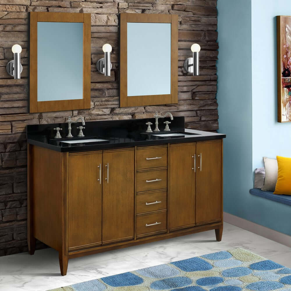 61" Double sink vanity in Walnut finish with Black galaxy granite and rectangle sink - 400901-61D-WA-BGR