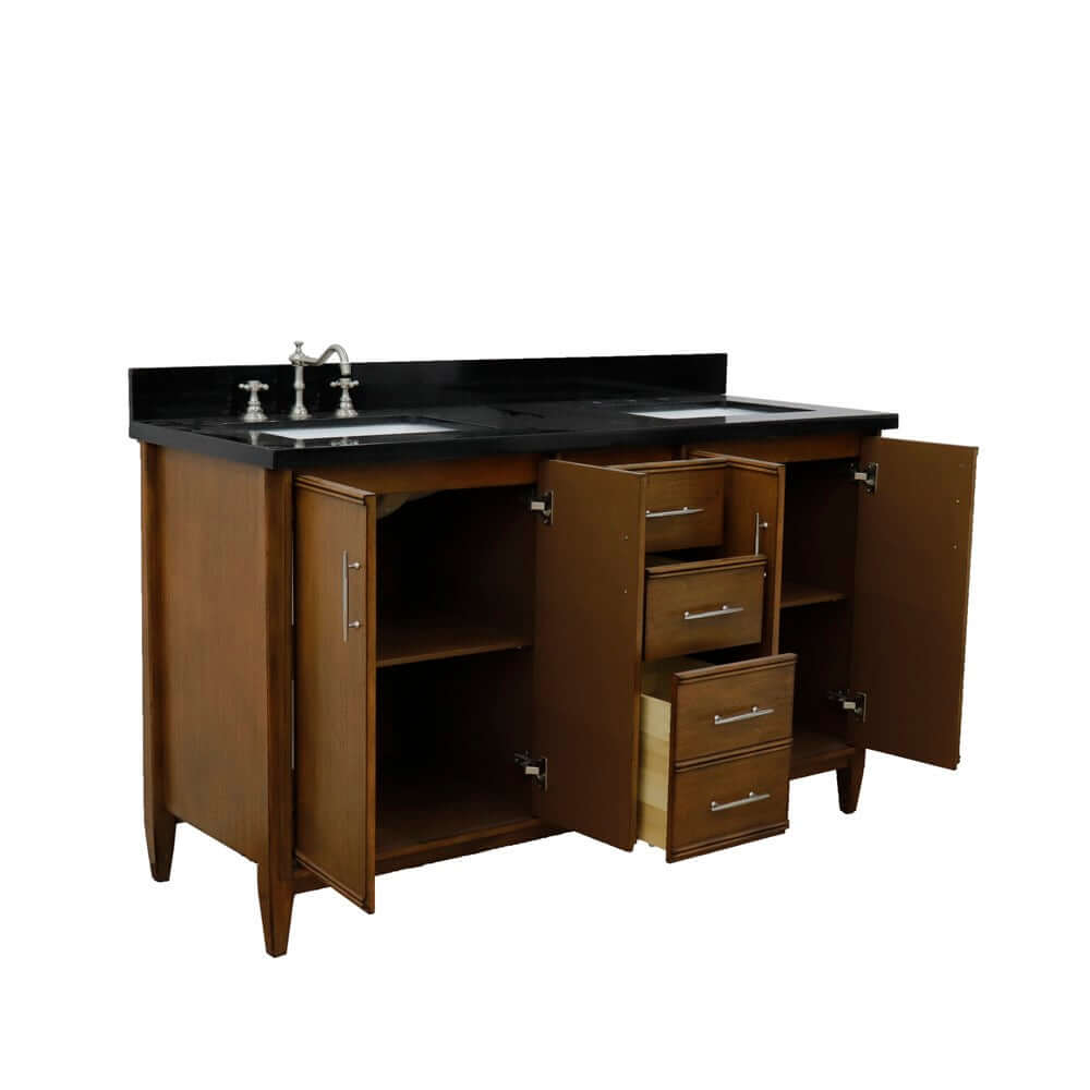 61" Double sink vanity in Walnut finish with Black galaxy granite and rectangle sink - 400901-61D-WA-BGR