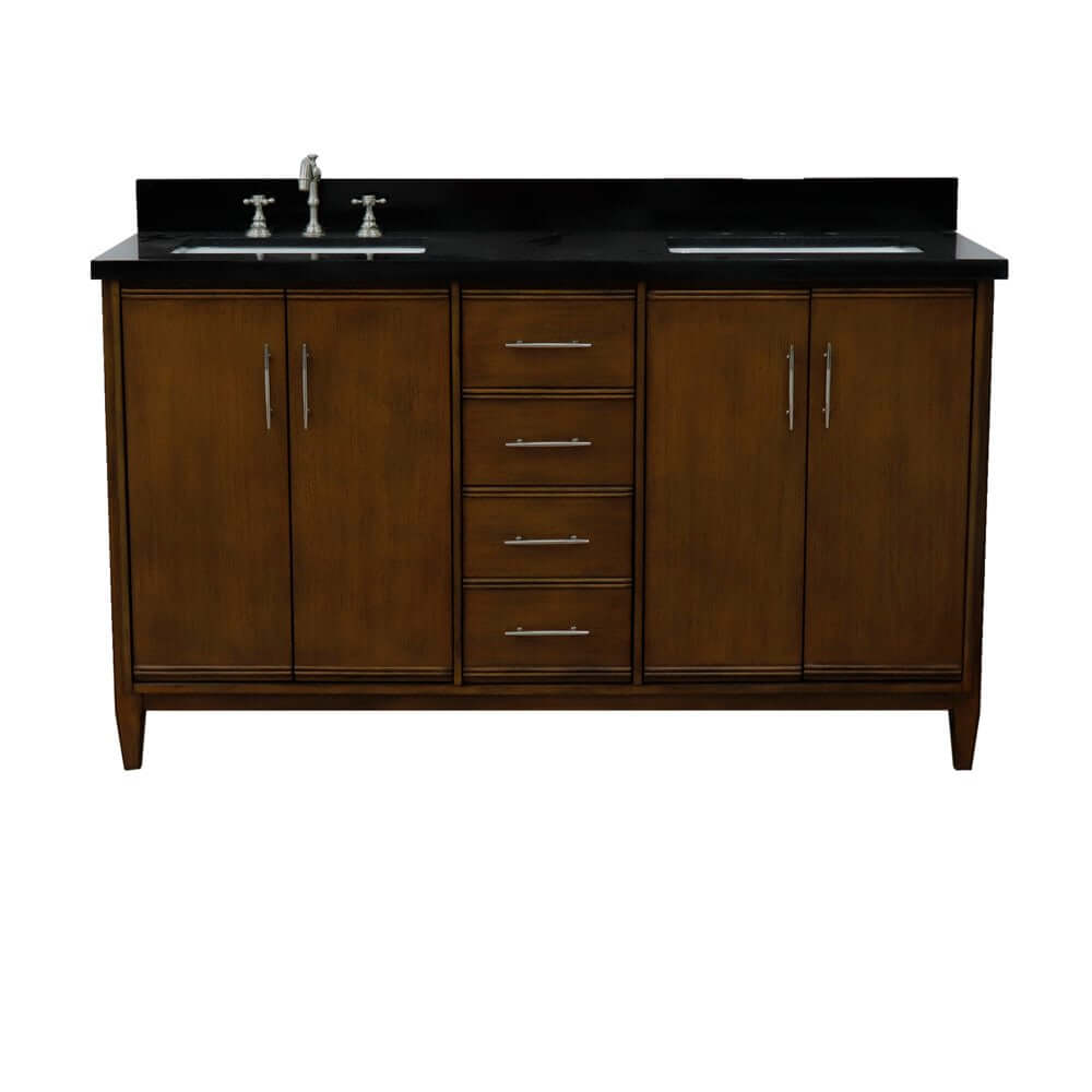 61" Double sink vanity in Walnut finish with Black galaxy granite and rectangle sink - 400901-61D-WA-BGR