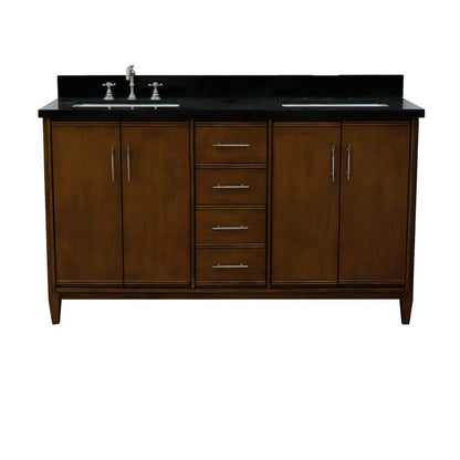 61" Double sink vanity in Walnut finish with Black galaxy granite and rectangle sink - 400901-61D-WA-BGR