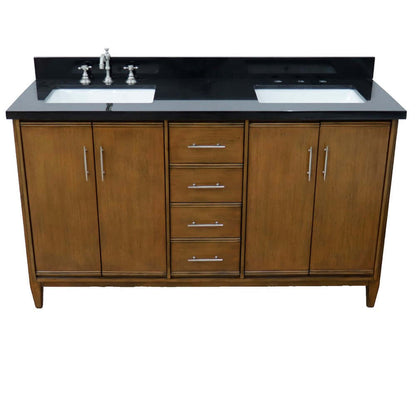 61" Double sink vanity in Walnut finish with Black galaxy granite and rectangle sink - 400901-61D-WA-BGR