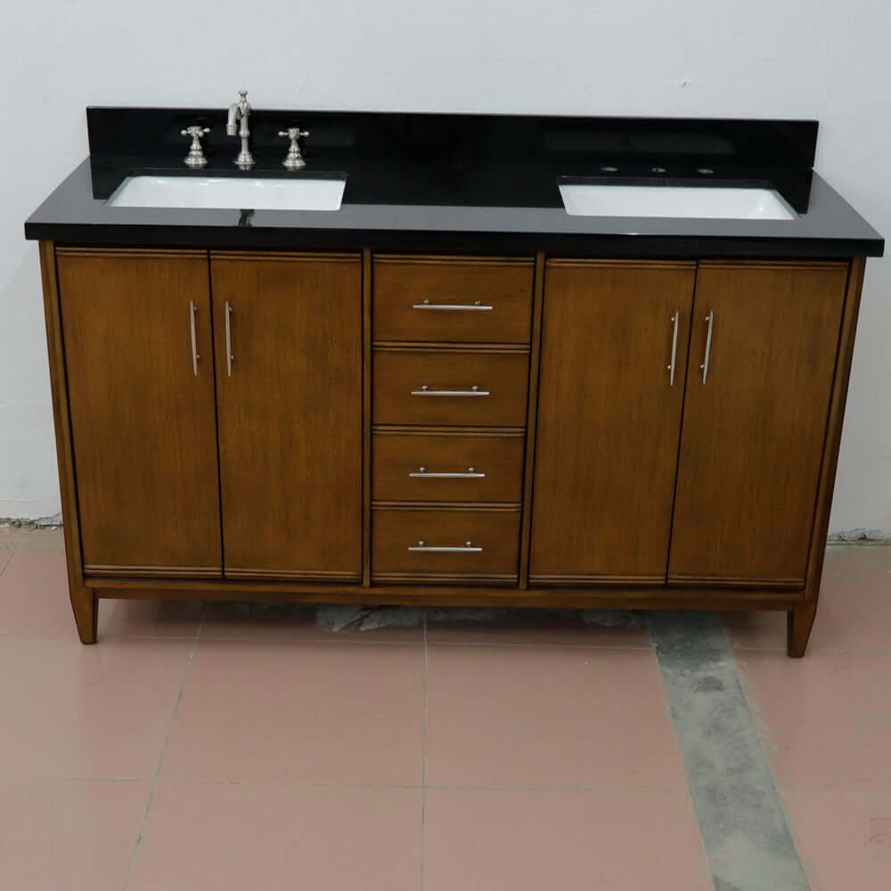 61" Double sink vanity in Walnut finish with Black galaxy granite and rectangle sink - 400901-61D-WA-BGR