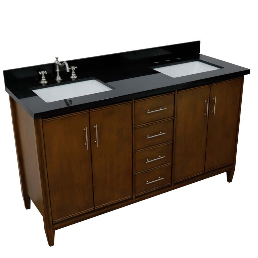 61" Double sink vanity in Walnut finish with Black galaxy granite and rectangle sink - 400901-61D-WA-BGR