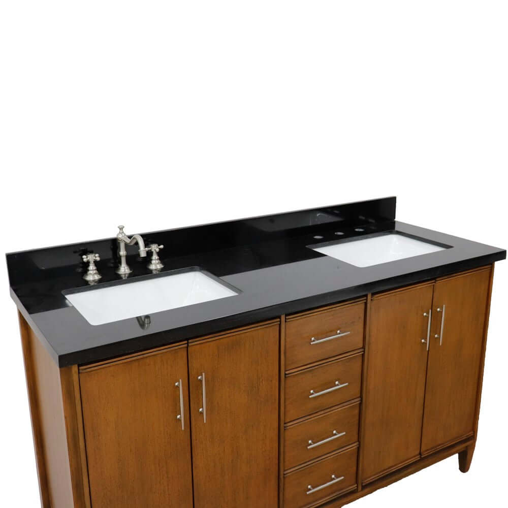 61" Double sink vanity in Walnut finish with Black galaxy granite and rectangle sink - 400901-61D-WA-BGR