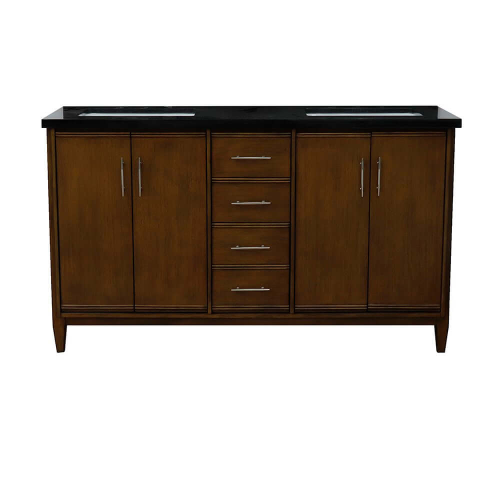 61" Double sink vanity in Walnut finish with Black galaxy granite and rectangle sink - 400901-61D-WA-BGR