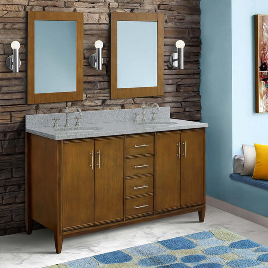 61" Double sink vanity in Walnut finish with Gray granite and oval sink - 400901-61D-WA-GYO