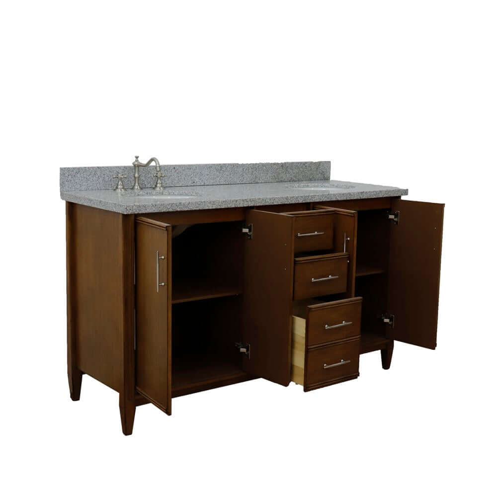 61" Double sink vanity in Walnut finish with Gray granite and oval sink - 400901-61D-WA-GYO