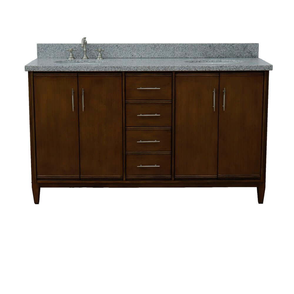 61" Double sink vanity in Walnut finish with Gray granite and oval sink - 400901-61D-WA-GYO