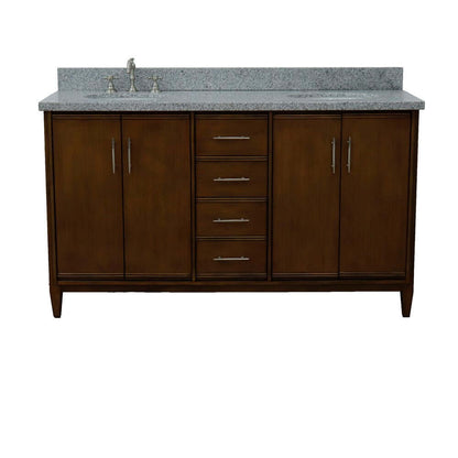 61" Double sink vanity in Walnut finish with Gray granite and oval sink - 400901-61D-WA-GYO