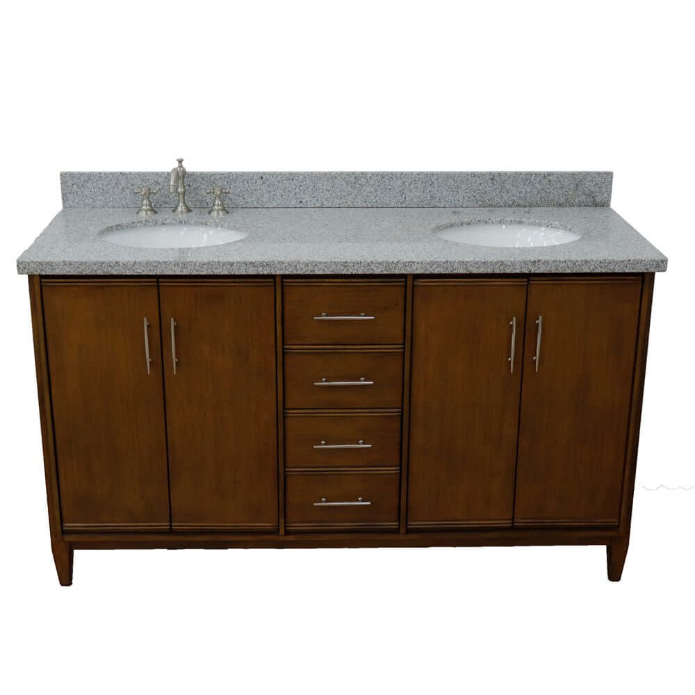 61" Double sink vanity in Walnut finish with Gray granite and oval sink - 400901-61D-WA-GYO