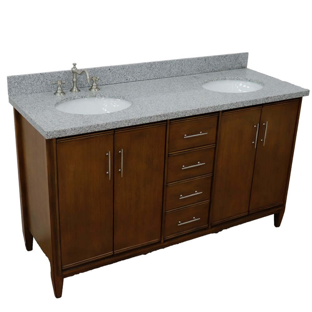 61" Double sink vanity in Walnut finish with Gray granite and oval sink - 400901-61D-WA-GYO