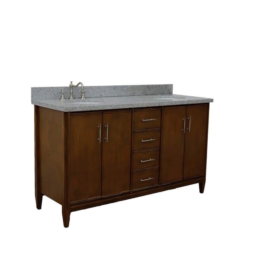 61" Double sink vanity in Walnut finish with Gray granite and oval sink - 400901-61D-WA-GYO