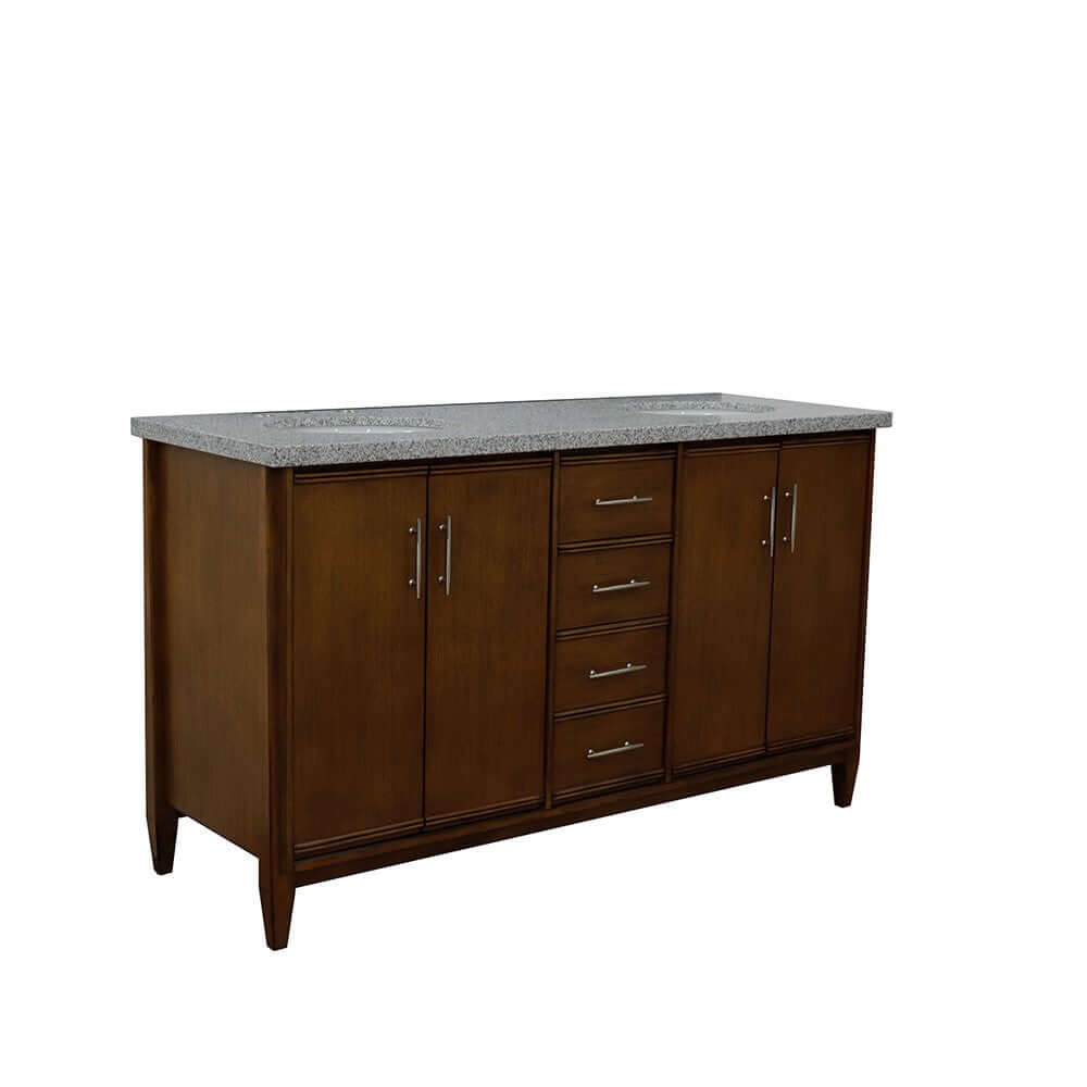 61" Double sink vanity in Walnut finish with Gray granite and oval sink - 400901-61D-WA-GYO