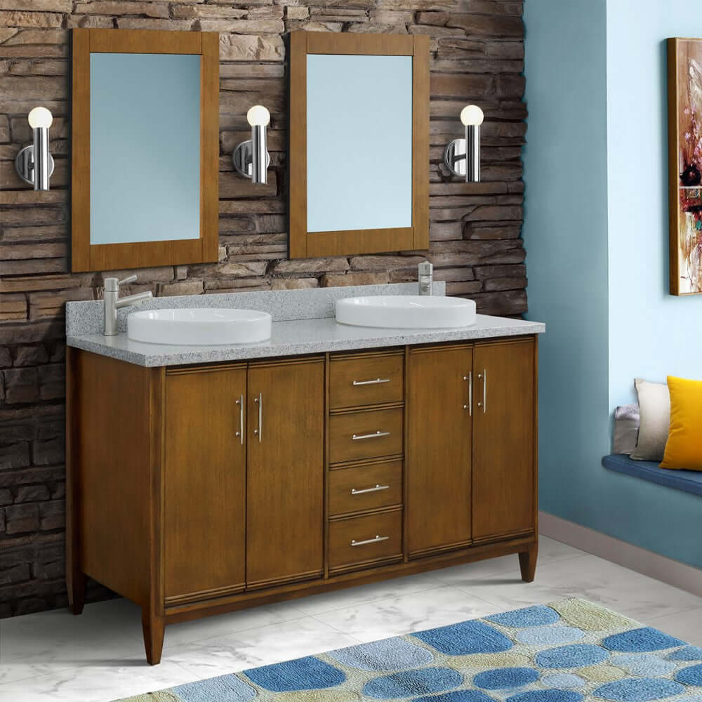 61" Double sink vanity in Walnut finish with Gray granite and round sink - 400901-61D-WA-GYRD