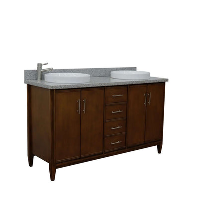 61" Double sink vanity in Walnut finish with Gray granite and round sink - 400901-61D-WA-GYRD