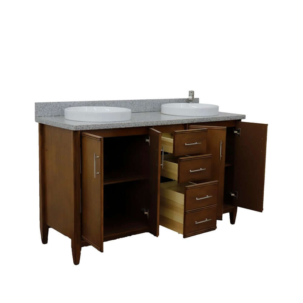 61" Double sink vanity in Walnut finish with Gray granite and round sink - 400901-61D-WA-GYRD