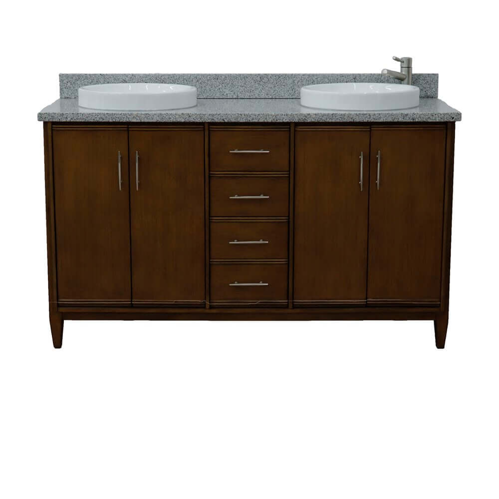 61" Double sink vanity in Walnut finish with Gray granite and round sink - 400901-61D-WA-GYRD