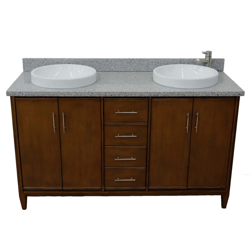 61" Double sink vanity in Walnut finish with Gray granite and round sink - 400901-61D-WA-GYRD