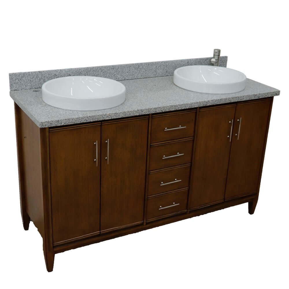 61" Double sink vanity in Walnut finish with Gray granite and round sink - 400901-61D-WA-GYRD