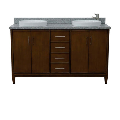 61" Double sink vanity in Walnut finish with Gray granite and round sink - 400901-61D-WA-GYRD