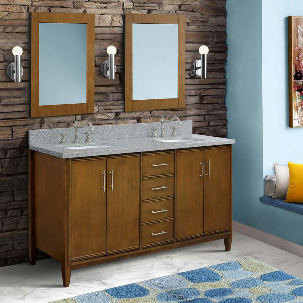 61" Double sink vanity in Walnut finish with Gray granite and rectangle sink - 400901-61D-WA-GYR